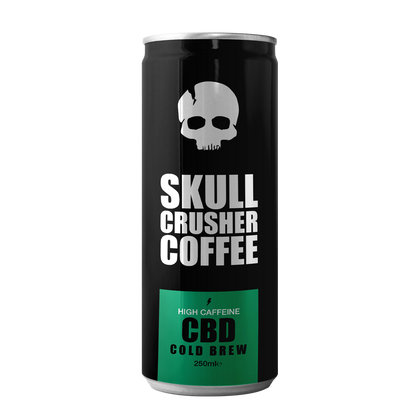 Six cans of Skull Crusher Coffee CBD-infused cold brew coffee, 250ml each, displayed in a row with branding labels visible.