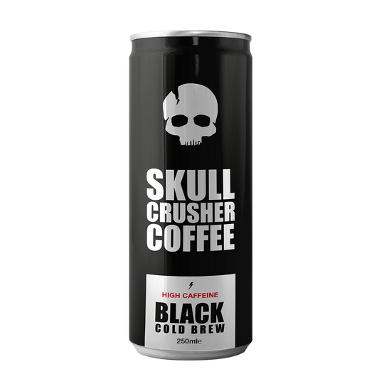 Six Skull Crusher Coffee Cold Brew Coffee cans, 250ml each, showcasing sleek black cans with bold branding.