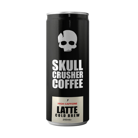 Skull Crusher Coffee Latte Cold Brew can, 250ml, high caffeine, creamy coffee beverage in a sleek can.