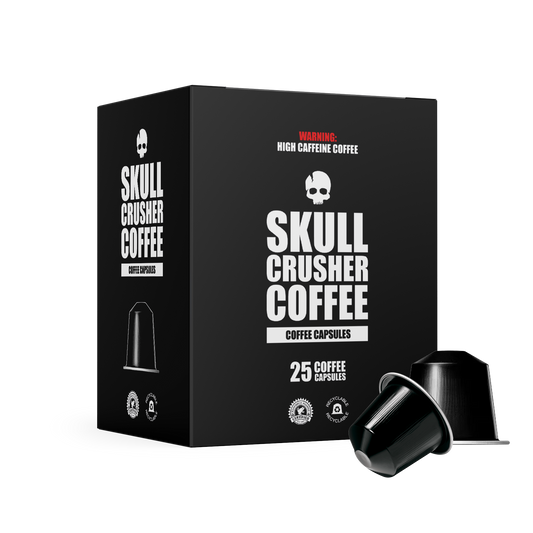 Nespresso® compatible Skull Crusher Coffee capsules shown in a row, featuring bold packaging with skull graphic design.