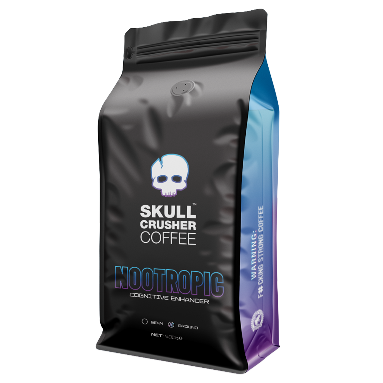 Skull Crusher Nootropic Coffee bag showing vibrant branding and packaging for enhancing cognitive focus and mental clarity.
