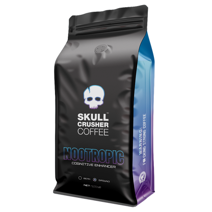 Skull Crusher Nootropic Coffee bag showing vibrant branding and packaging for enhancing cognitive focus and mental clarity.