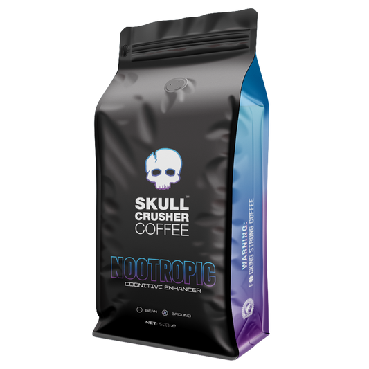 Skull Crusher Nootropic Coffee bag showing vibrant branding and packaging for enhancing cognitive focus and mental clarity.