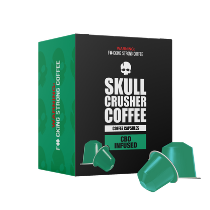 Skull Crusher Coffee CBD-infused Nespresso capsules for flavorful coffee brewing with added relaxation benefits.