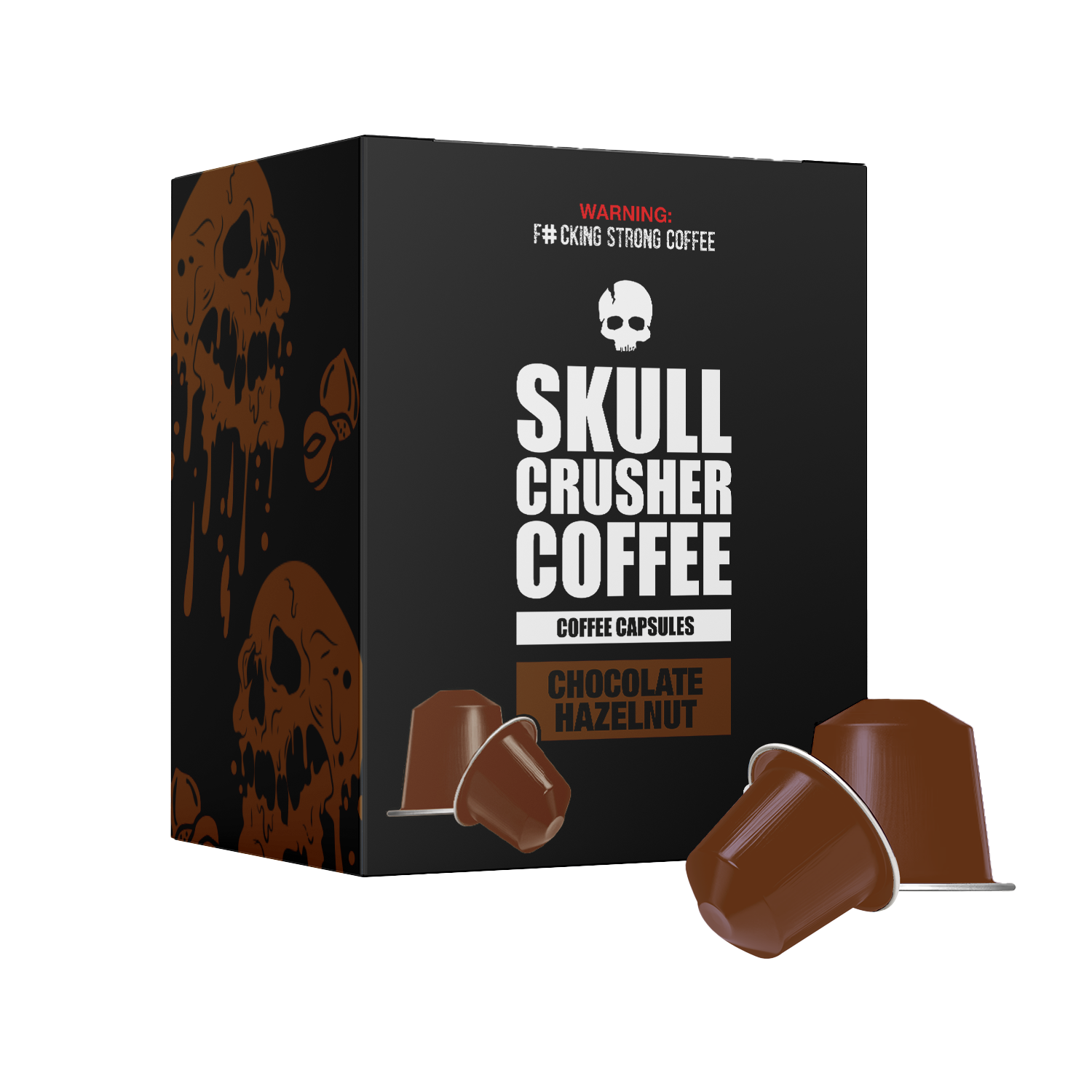 Skull Crusher Coffee Chocolate Hazelnut flavored Nespresso capsules with a sleek packaging design.