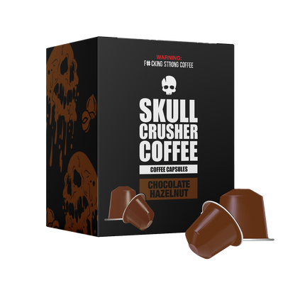 Skull Crusher Coffee Chocolate Hazelnut flavored Nespresso capsules with a sleek packaging design.
