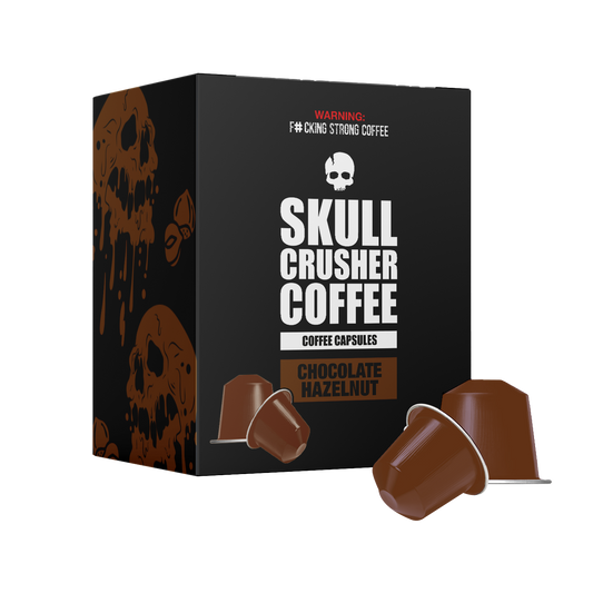 Skull Crusher Coffee Chocolate Hazelnut flavored Nespresso capsules with a sleek packaging design.