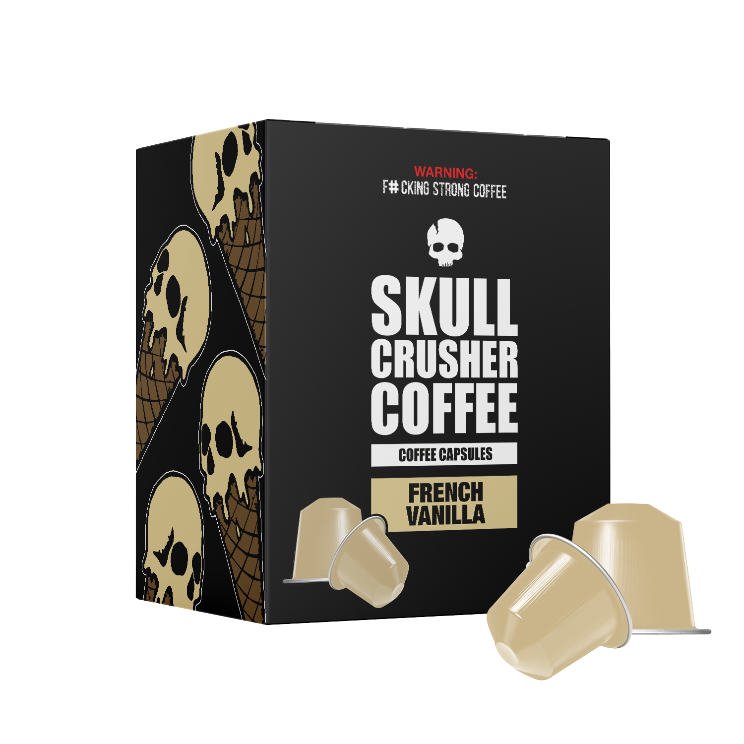 Skull Crusher Coffee French Vanilla flavored Nespresso capsules, featuring a beige and purple packaging design.