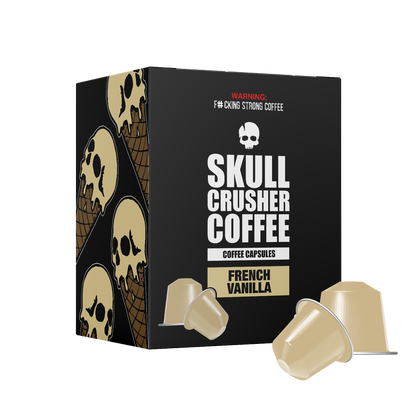 Skull Crusher Coffee French Vanilla flavored Nespresso capsules, featuring a beige and purple packaging design.