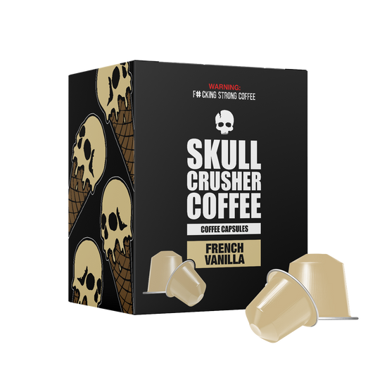 Skull Crusher Coffee French Vanilla flavored Nespresso capsules, featuring a beige and purple packaging design.
