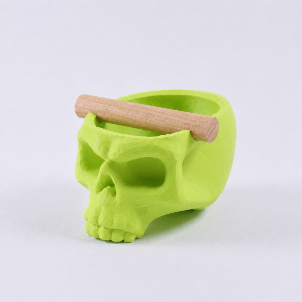 KNOCDIC® Gothic skull espresso knock box with oak bar in vibrant apple green, designed for coffee enthusiasts and baristas.