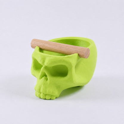 KNOCDIC® Gothic skull espresso knock box with oak bar in vibrant apple green, designed for coffee enthusiasts and baristas.