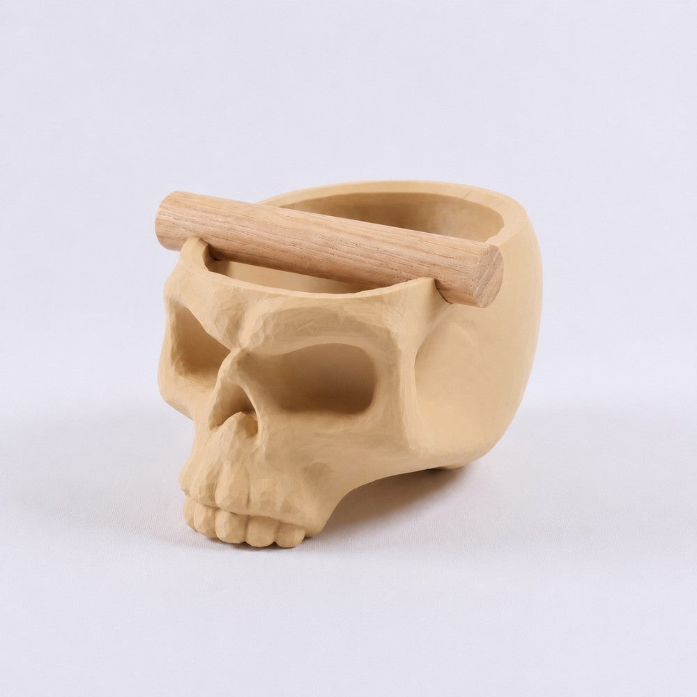 Gothic skull espresso knock box with oak bar by KNOCDIC®, desert tan finish, featuring a skull-shaped design for coffee accessories.