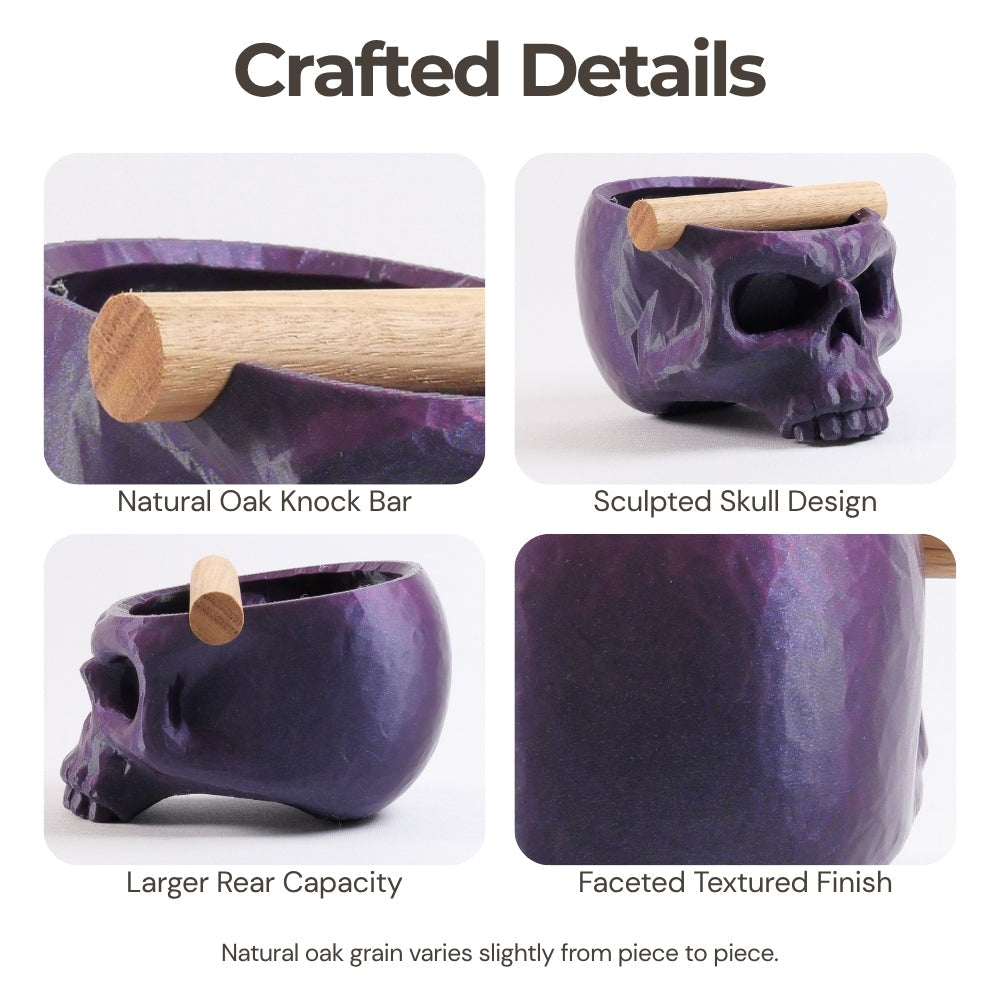 Gothic skull espresso knock box with oak bar from KNOCDIC®, featuring a detailed skull design for coffee lovers.