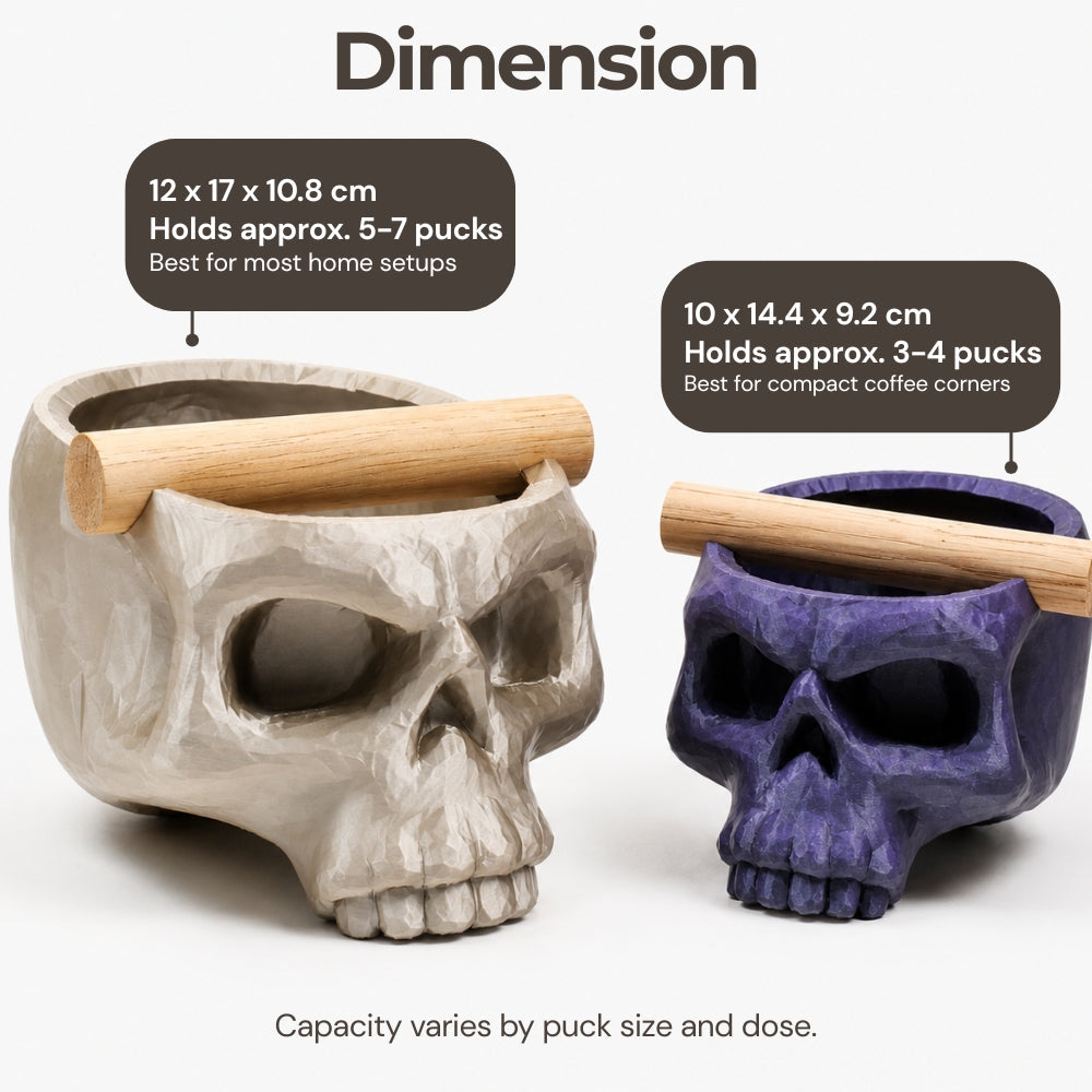 Gothic skull espresso knock box with oak bar, KNOCDIC® brand, featuring a detailed skull design for coffee accessories.
