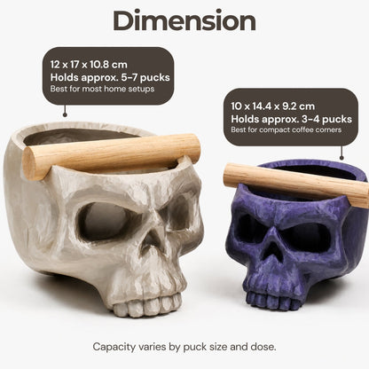 Gothic skull espresso knock box with oak bar, KNOCDIC® brand, featuring a detailed skull design for coffee accessories.