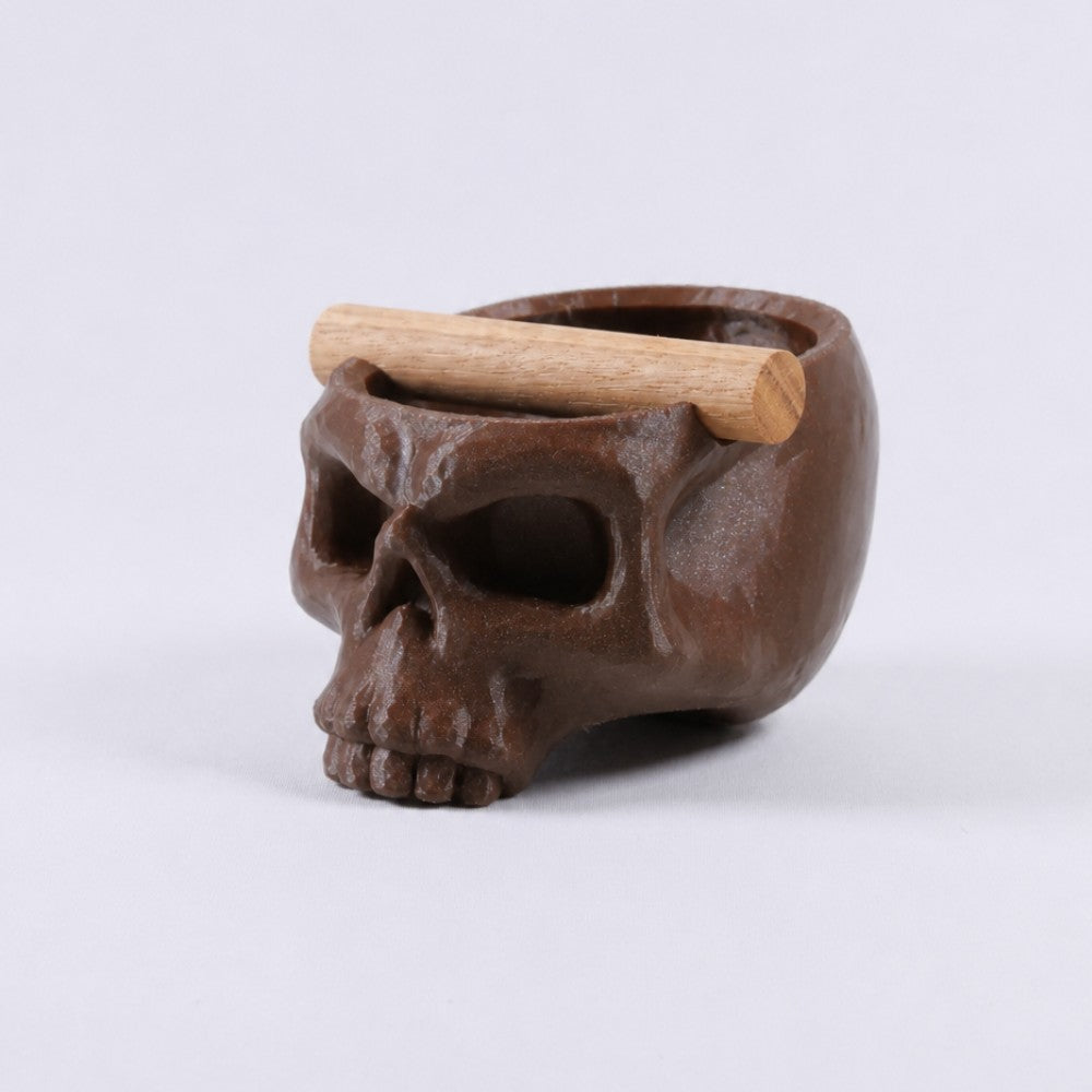 Gothic skull espresso knock box with galaxy brown finish and oak bar by KNOCDIC®, featuring a skull-shaped design for coffee enthusiasts.