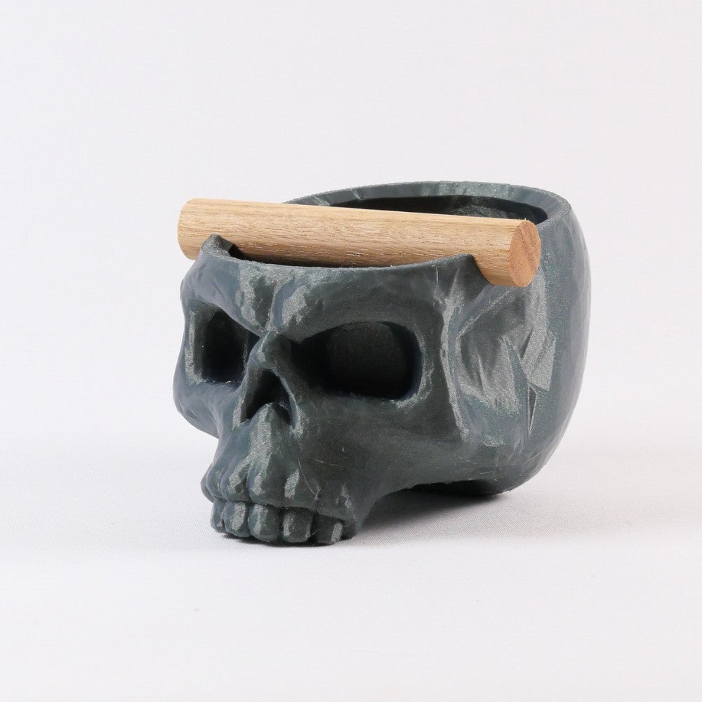 Gothic skull espresso knock box with galaxy green finish and oak bar by KNOCDIC® for coffee brewing accessories.