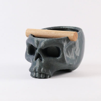 Gothic skull espresso knock box with galaxy green finish and oak bar by KNOCDIC® for coffee brewing accessories.