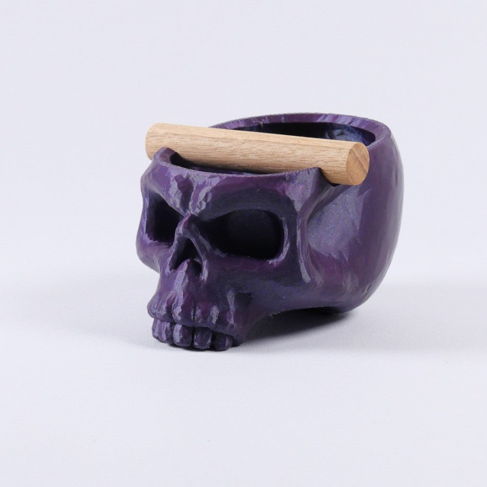 Gothic skull espresso knock box with oak bar by KNOCDIC®, featuring a galaxy purple skull design for coffee accessories.