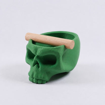Gothic skull espresso knock box with oak bar, grass green color, durable coffee accessory by KNOCDIC® featuring a skull design.
