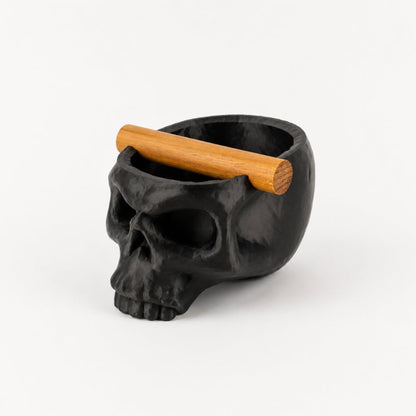Gothic skull espresso knock box with oak bar from KNOCDIC® for coffee tampering and storage.
