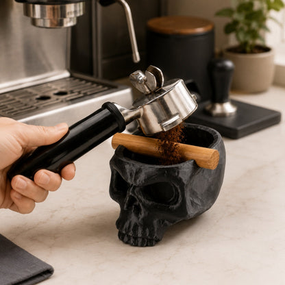 KNOCDIC® Gothic Skull Espresso Knock Box with Oak Bar for coffee grounds cleanup, featuring a dark skull design in use.