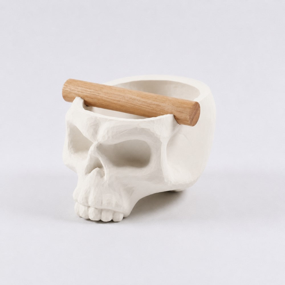 Gothic skull espresso knock box with oak bar, ivory white ceramic coffee accessory by KNOCDIC® for coffee enthusiasts.