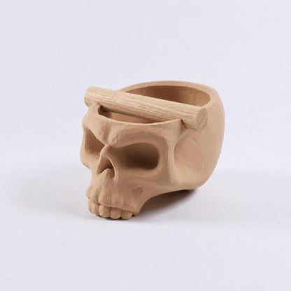 Gothic skull espresso knock box with oak bar from KNOCDIC® in latte brown, featuring a skull-shaped design for coffee accessories.