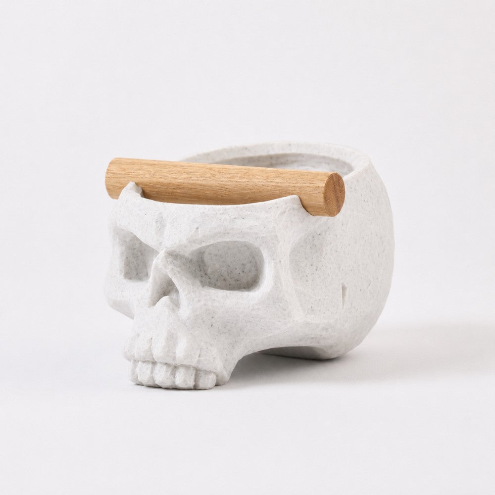 Gothic skull espresso knock box with oak bar from KNOCDIC, featuring a white marble finish and skull design for coffee accessories.
