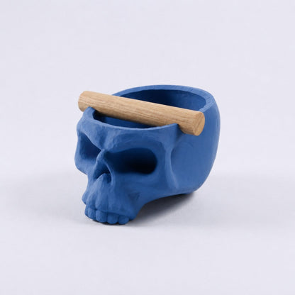 Gothic Skull Espresso Knock Box with Oak Bar by KNOCDIC®, marine blue color, featuring a skull-shaped design and wooden bar for coffee tamping.