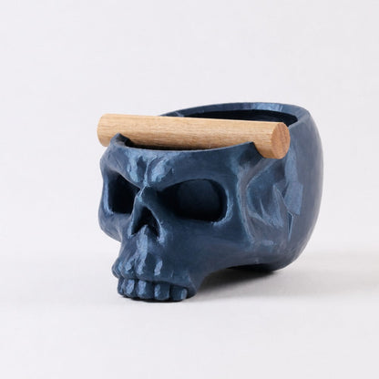 Gothic skull espresso knock box with metallic blue finish and oak bar by KNOCDIC® for coffee brewing accessories