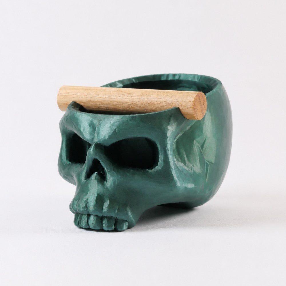 Metallic green Gothic skull espresso knock box with oak bar by KNOCDIC®, featuring a detailed skull design for coffee lovers.