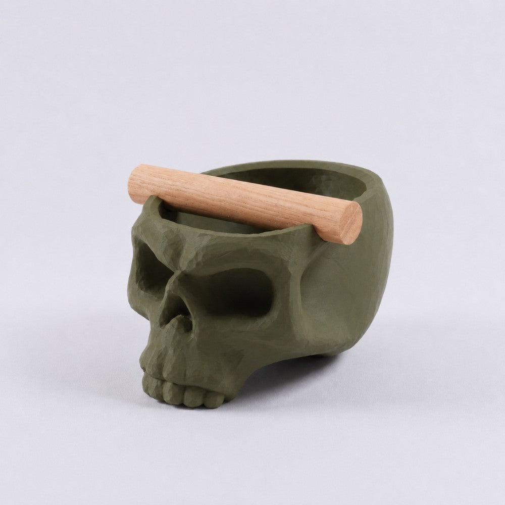 Gothic skull espresso knock box with oak bar from KNOCDIC® in olive green, featuring a skull-shaped design for coffee brewing.