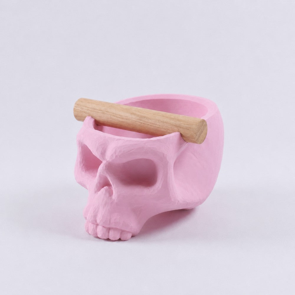 Pink Gothic skull espresso knock box with oak bar by KNOCDIC®, featuring a detailed skull design for coffee preparation.