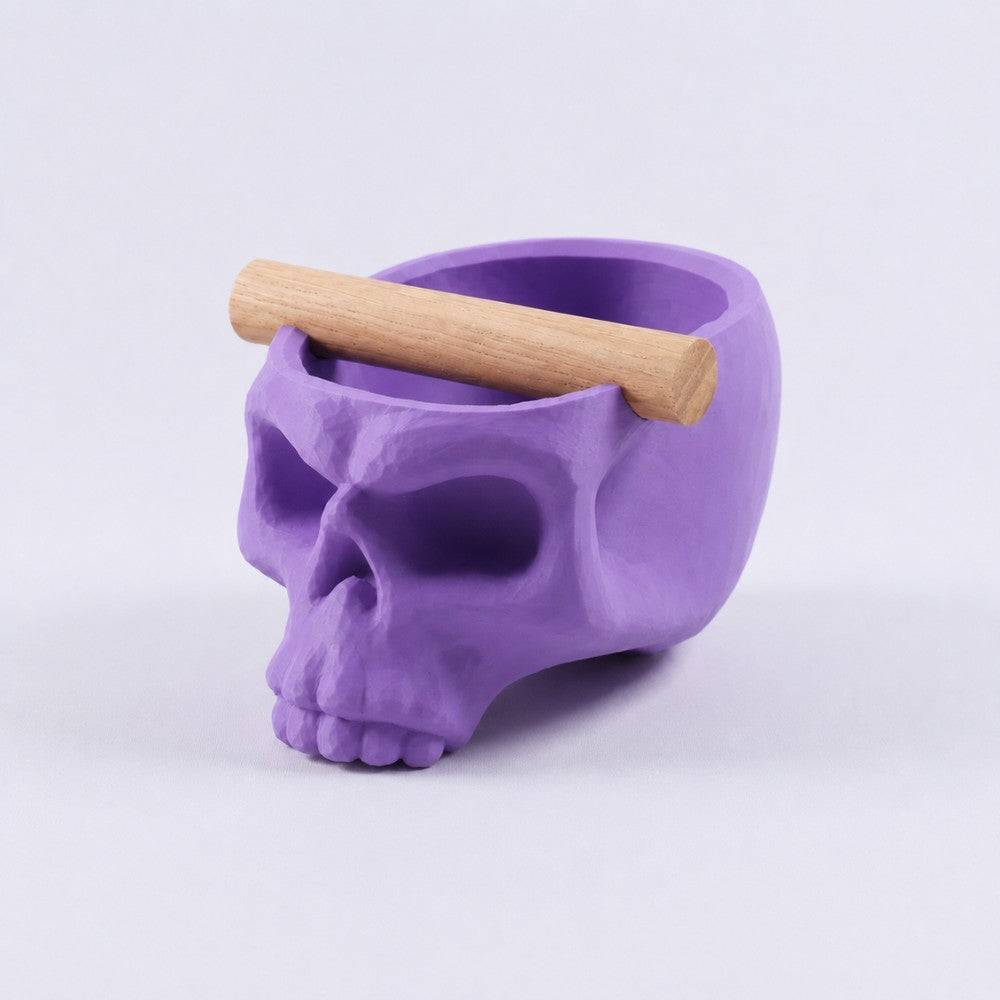 Purple Gothic skull espresso knock box with oak bar from KNOCDIC®, featuring a detailed skull design and sturdy wooden bar.