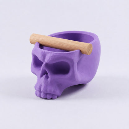 Purple Gothic skull espresso knock box with oak bar from KNOCDIC®, featuring a detailed skull design and sturdy wooden bar.