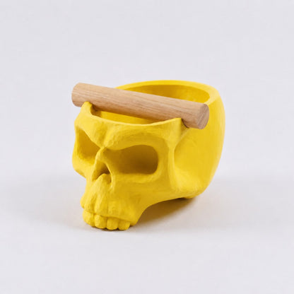 Yellow Gothic skull espresso knock box with oak bar from KNOCDIC® for coffee grounds disposal.