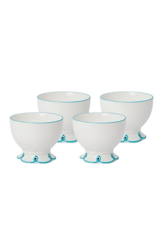 Set of four sky blue scalloped bowls by Casa by Josephine Jenno, perfect for serving snacks or nibbles.