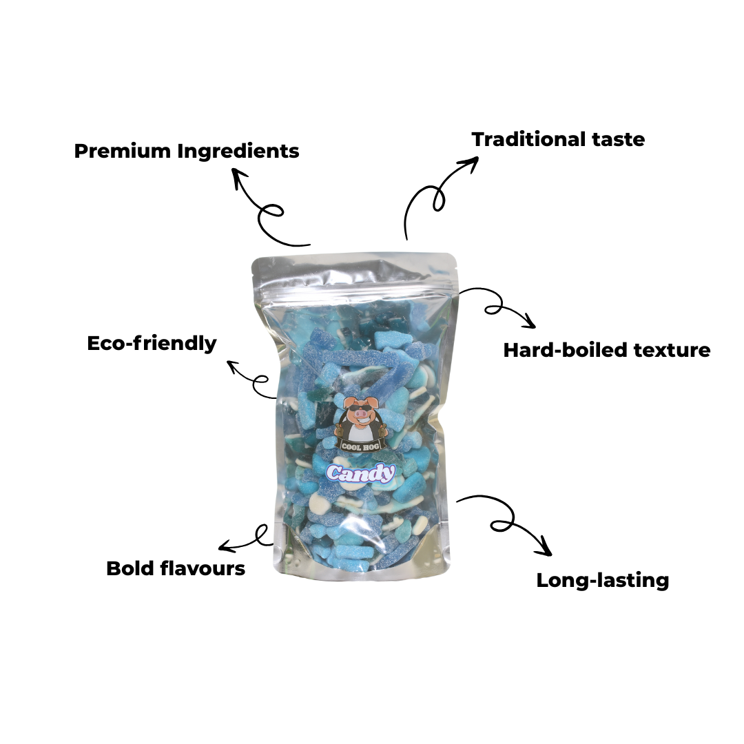 Cool Hog Snacks Sky's The Limit Blue Fizzy Mix Candy in a resealable 1kg bag, featuring vibrant blue and colorful fizzy candies.
