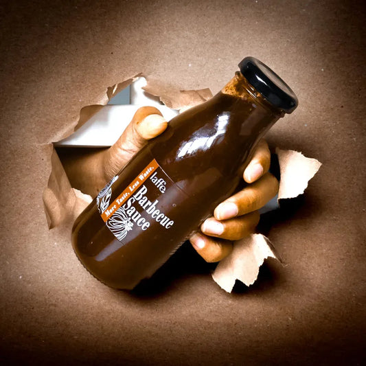 Laffe Sustainable BBQ Sauce bottle with label, showcasing eco-friendly packaging and vibrant branding on a white background.