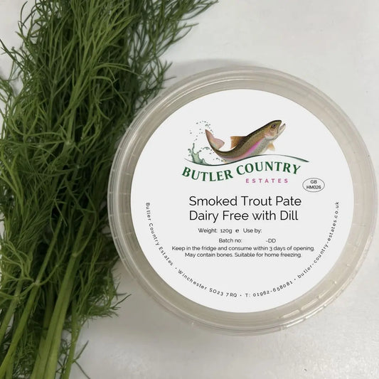 Dairy free smoked trout pate with dill by Butler Country Estates, served in a bowl with fresh dill garnish.