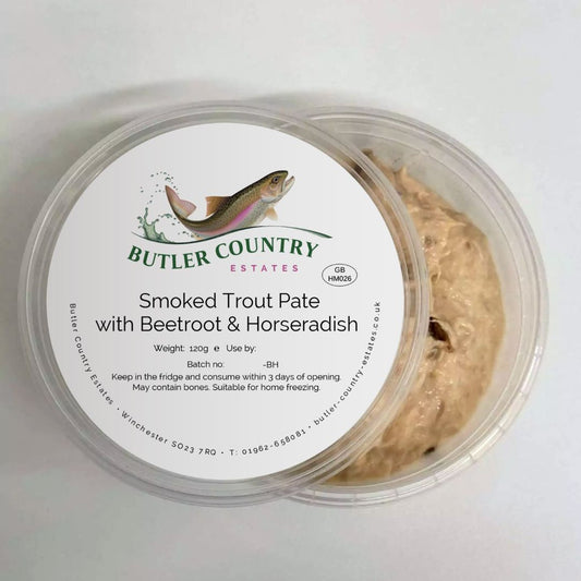 Smoked trout pâté with beetroot and horseradish served in a bowl, ready for online order from Butler Country Estates.