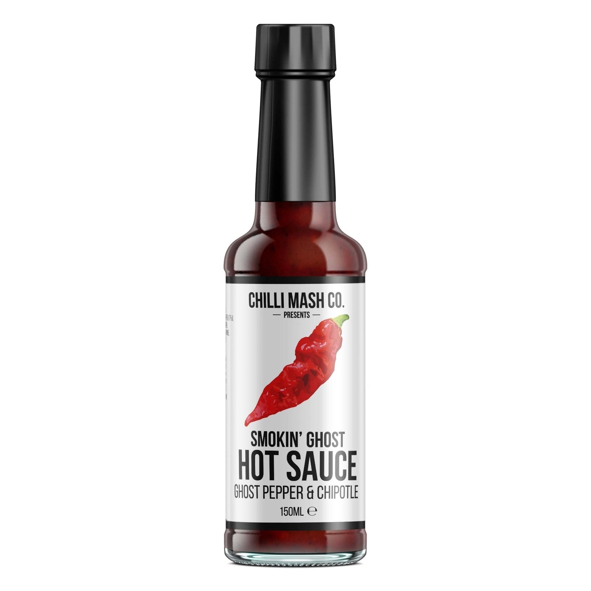 Smokin' Ghost Hot Sauce by Chilli Mash Co. in 150ml bottle, featuring ghost pepper and chipotle chili mash.