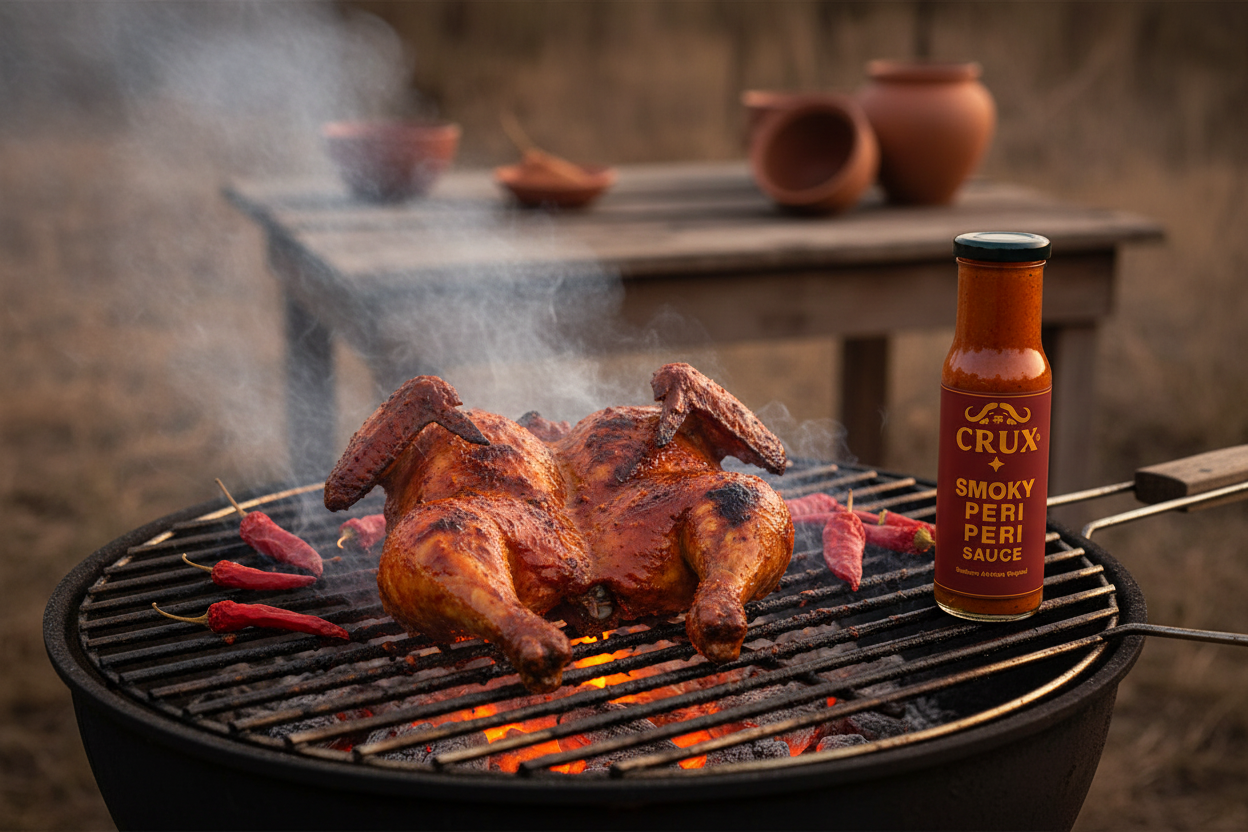 SMOKY PERI PERI SAUCE with chicken on the BBQ