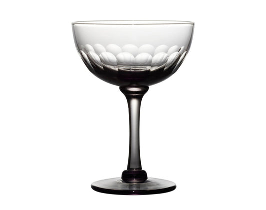 Set of four smoky crystal champagne saucers with lens design by The Vintage List, showcasing elegant, translucent glassware.