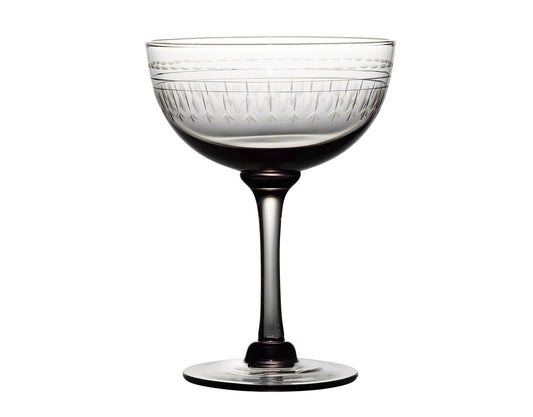 Four smoky crystal champagne saucers with oval design, elegant vintage-style glassware by The Vintage List
