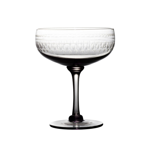 Four smoky crystal cocktail glasses with oval design, perfect for stylish drinks, by The Vintage List.