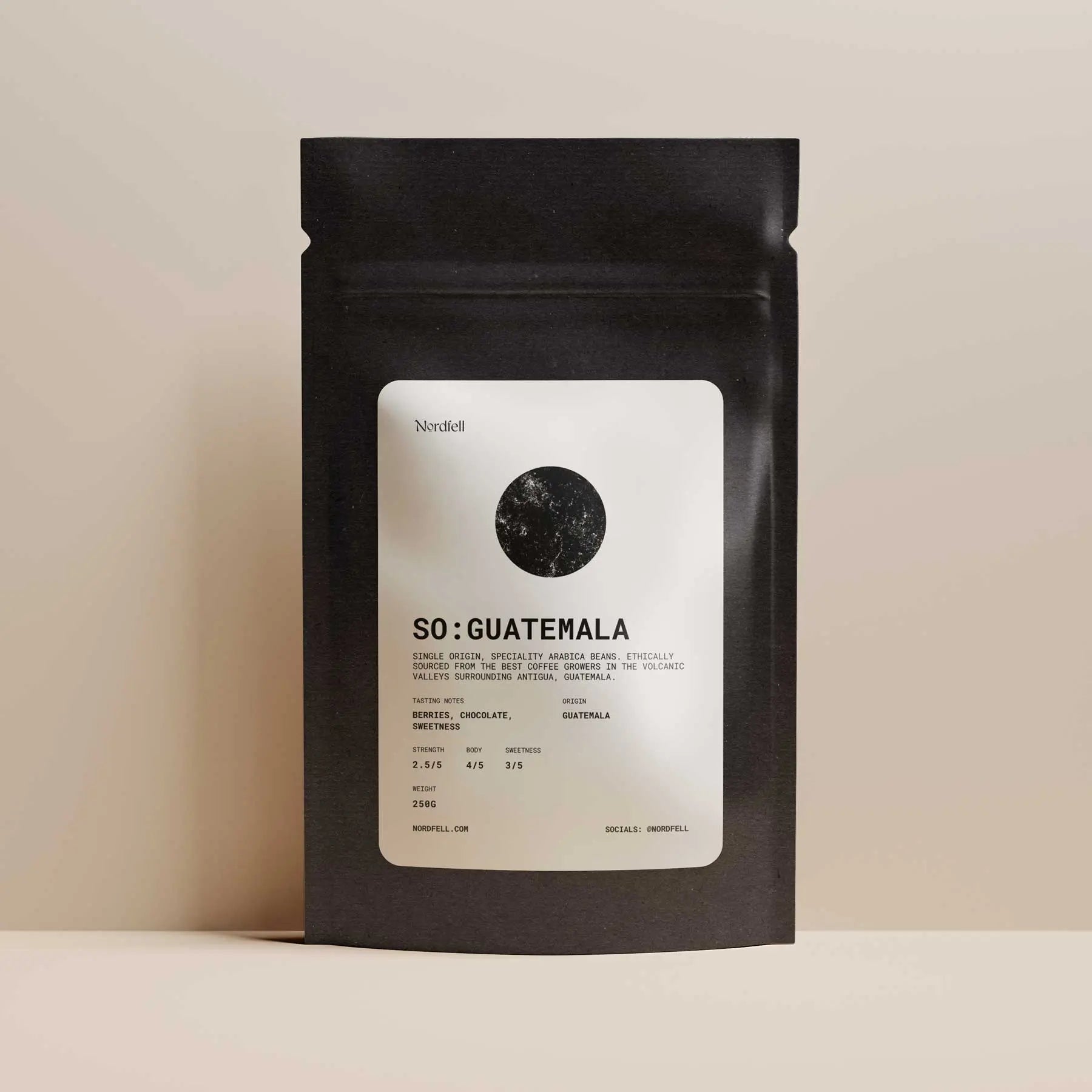 Nordfell SO Guatemala coffee bag, 250g, with label showing traditional design and rich coffee beans visible on packaging