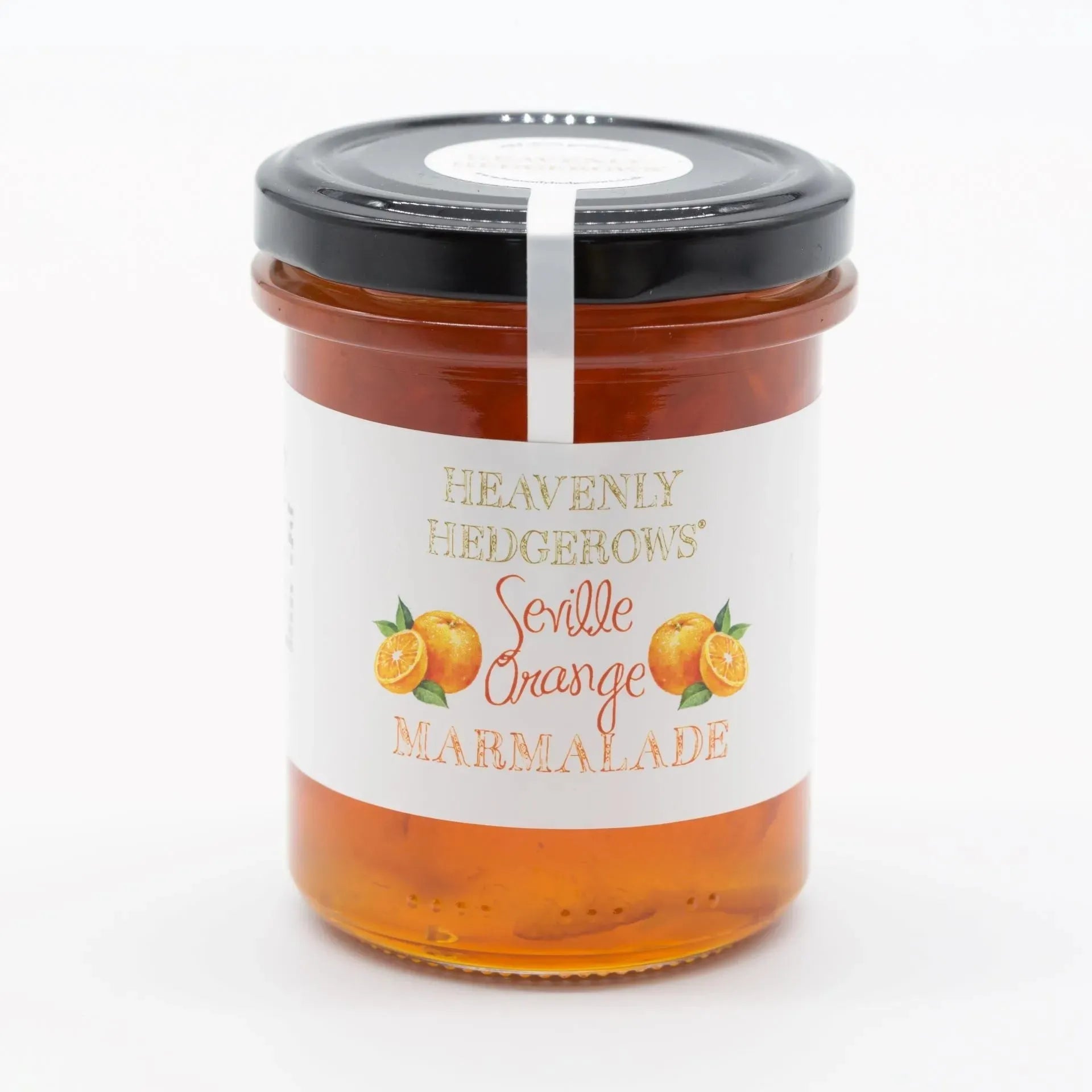 Heavenly Hedgerows Seville Orange Marmalade in a jar with visible orange slices and glossy marmalade texture.